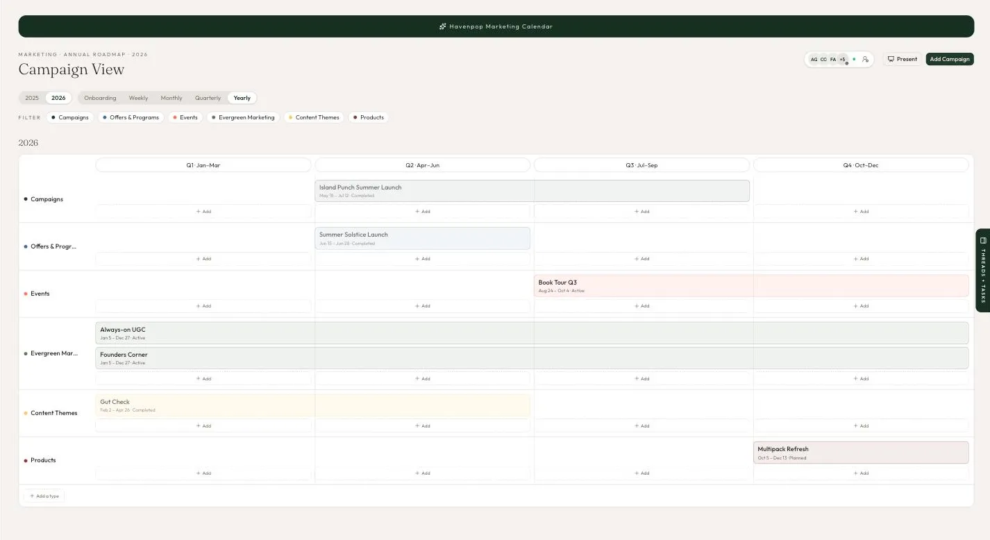 The Kadara campaign canvas: a year of campaigns, offers, events and content themes laid across four quarters