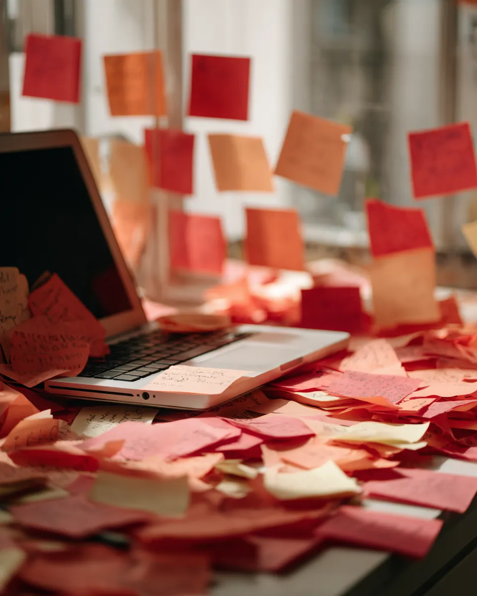 A laptop almost buried under scattered handwritten sticky notes, with more stuck to the window behind it