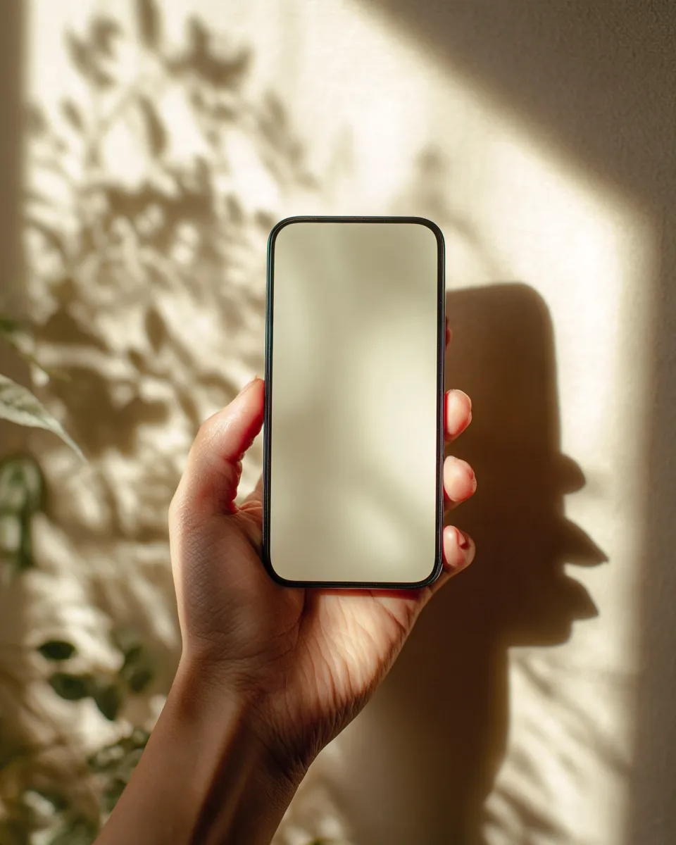 A hand holding a phone against a sunlit wall, leaf shadows falling across it